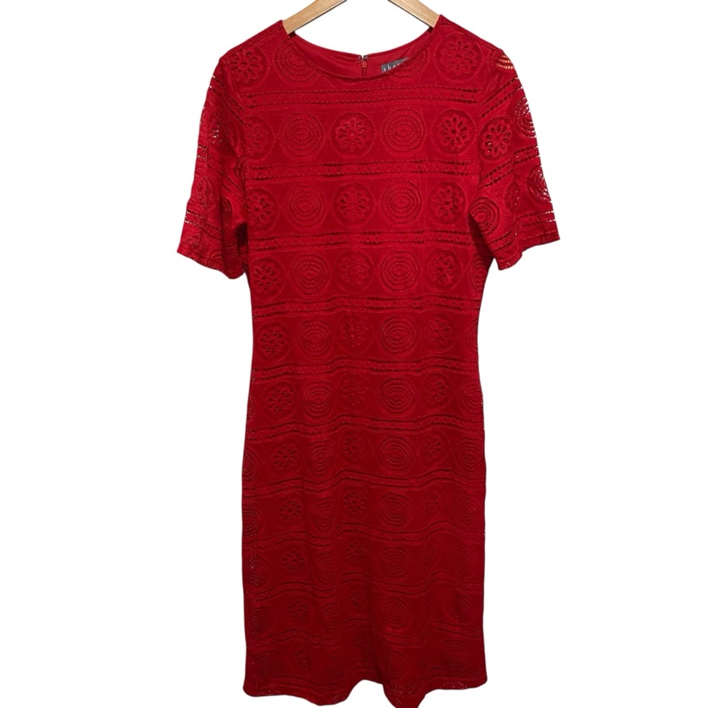 Sharagano Vibrant‎ Red Lace Short Sleeve Midi Dress Size 6
